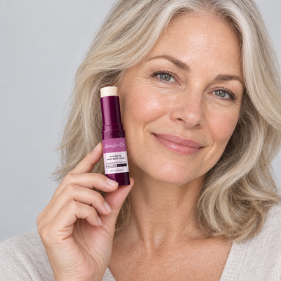 Woman holding the LumiLux balm stick to her cheek