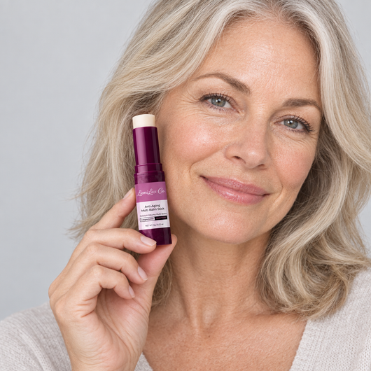 Woman holding the LumiLux balm stick to her cheek