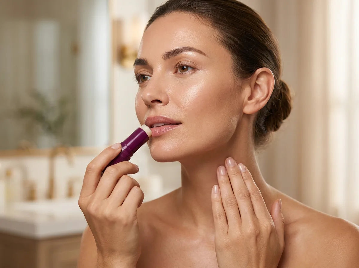 Balm stick on face neck and lip lines