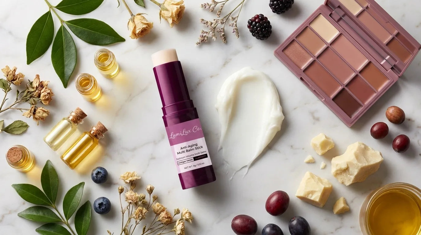 Cream balm ingredient still life with plum packaging